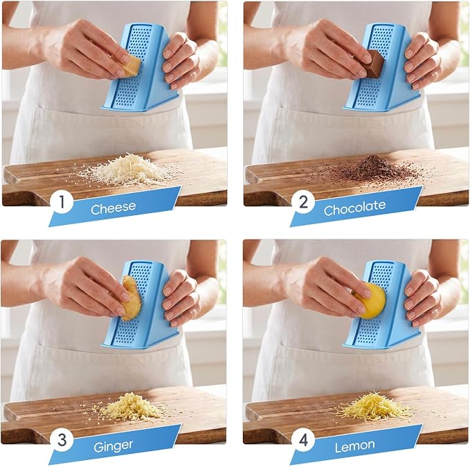 7-in-1 Safe Mandoline Slicer for Kitchen, Vegetable Slicer with Container | Adjustable 0.1-8mm Veggie Mandoline, French Fry Cutter, Potato/Tomato/Onion Slicer, Grater/Cleaning Brush (Blue)