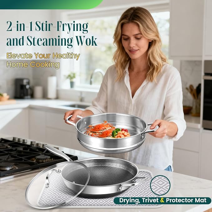 AOSION Hybrid 13 Inch Wok with Steamer, Nonstick Stainless Steel Wok | Wok Pan & Stir-Fry Pans