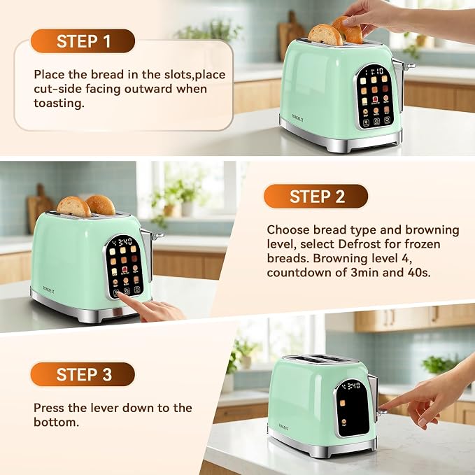 RONGBEST Retro Touch Screen Toaster 2 Slice Wide Slot Stainless Steel with 6 Browning Levels for Breakfast Bagel & Bread, Reheat & Defrost, Removable Crumb Tray, Mint Green