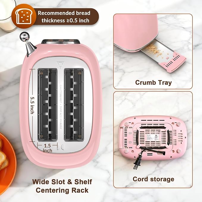 Mecity Toaster 2 Slice, Touch Screen Wide Slot Retro Toaster For Breads Bagel Muffin Waffle, House Warming Gift New Home, 120V 825W, Pink Color