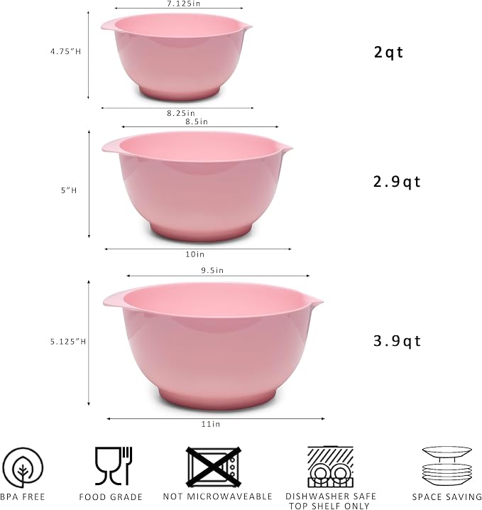 Nesting Melamine Mixing Bowl Set with Pour Spouts, Set of 3, Nesting Design Saves Space, Non-Slip, Size 2, 2.9 and 3.9qt, for Prepping, Mixing, Baking, Cooking, Pink