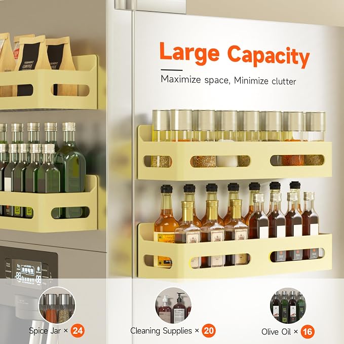 4-Pack Magnetic Spice Rack for Refrigerator with Hooks, Yellow | Strong multipurpose magnetic shelf for kitchen & bathroom organization. Includes 4 removable hooks for hanging items.