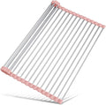 Tomorotec Roll Up Dish Drying Rack Over Sink, 304 Steel, 17.7x12.5, Pink | Anti-Slip Silicone Rims For Grip, Heat-Resistant Trivet Mat Holding Heavy Cookware, Rustproof Kitchen Counter Space Saver