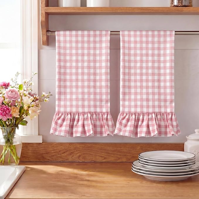 HunnmingRe 2 Pcs Light Pink Gingham Kitchen Towels Cotton Ruffled | Checked Dish Towels 18"x28" Tea Cloths Plaid Cottage Core Kitchen Decor for Farmhouse Charm Drying Dishes Entertaining Guests
