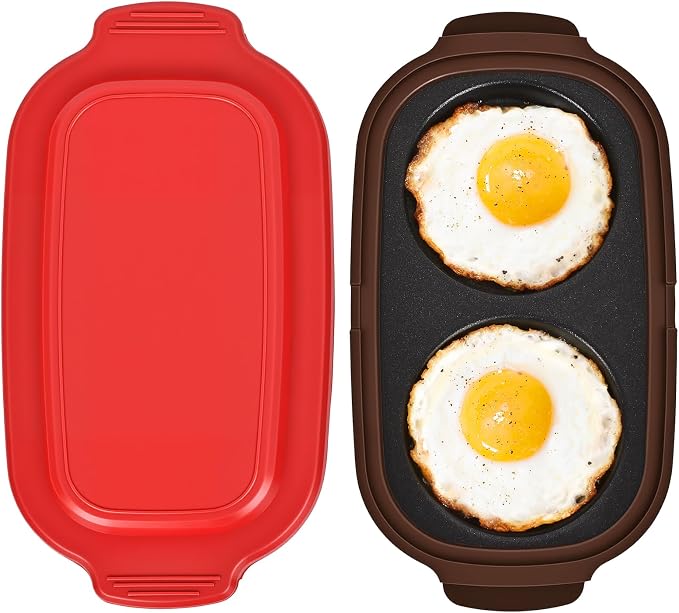 Microwave Egg Poacher & Cooker for 2 Eggs – Multi-Use Fryer with Silicone Lid, Makes Bacon, Omelets & Breakfast Sandwiches | Dishwasher Safe, BPA-Free, Portable for Dorm, Travel, Office (Red)
