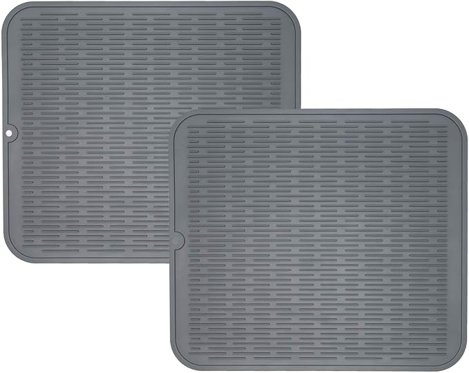 ZLR 2 Pcs Heavy-Duty Silicone Dish Drying Mat (16" x 18" / 401x455mm) - XL Family-Size Thick 5mm Drainboard for Pots, Pans & Heavy Cookware - Oversized Trivet & Counter Protector, Non-Slip (Dark Gray)
