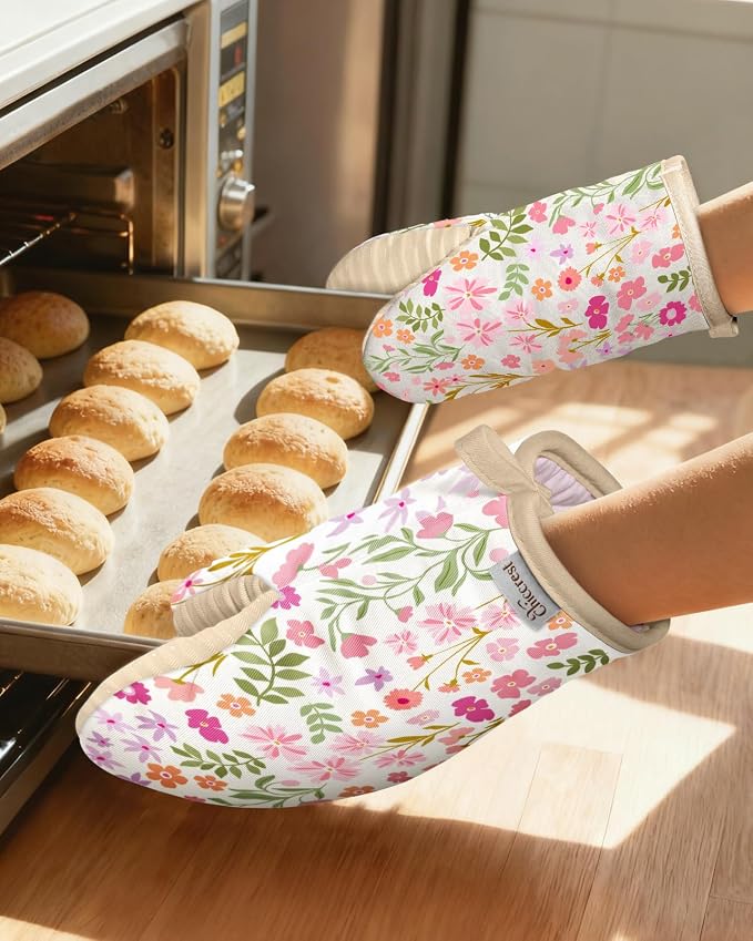 100% Thick Cotton Mini Oven Mitts Silicone Grip Spring Floral | Girly Cute Oven Mitts for Women, Machine Washable, Non-Slip, Reversible Design Fits Both Hands, Stylish Kitchen Decor