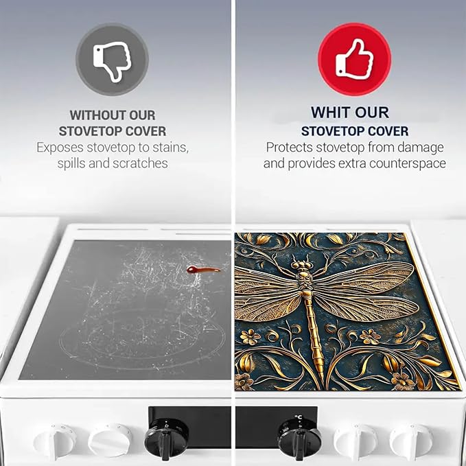 HOMETITUTE Golden Dragonfly Stove Top Cover 28x20 Diatomite Embossed Mat