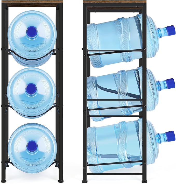 5 Gallon Water Jug Holder 3-Tiers Water Dispenser Stand Rack, Water Bottle Organizer with Storage Shelves for Kitchen Living Room Office, Rustic Brown