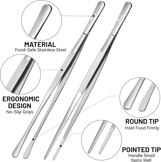 HOTEC Kitchen Tweezers Tongs Stainless Steel, Set of 4-10" and 12inch Extra-Long Food Tweezers Fine Kitchen Tongs for Cooking,Grill and Baking