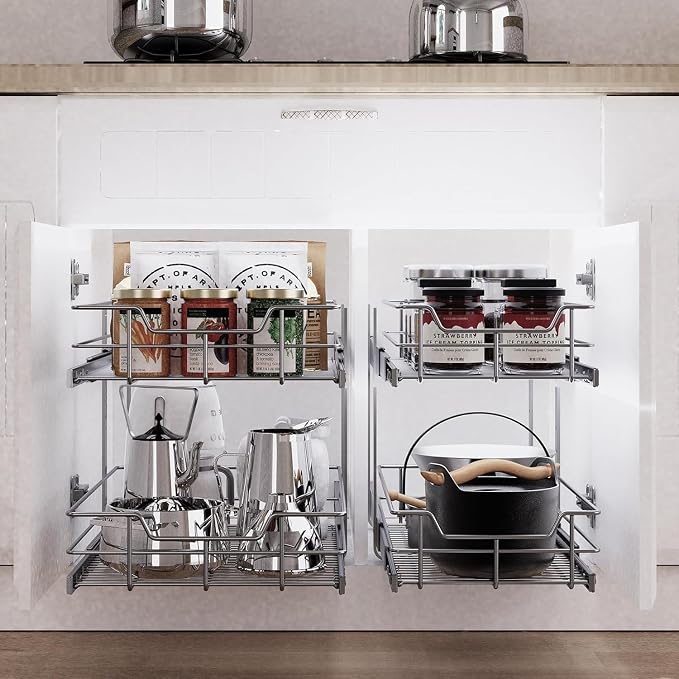 2 Tier Pull Out Cabinet Organizer 11" W X 17" D, Chromed, Full Slide Out | For Kitchen Organizers and Storage, Pull Out Drawers For Cabinets Capacity Heavy Duty Caddy, Cabinet Shelves, Bathroom Pantry
