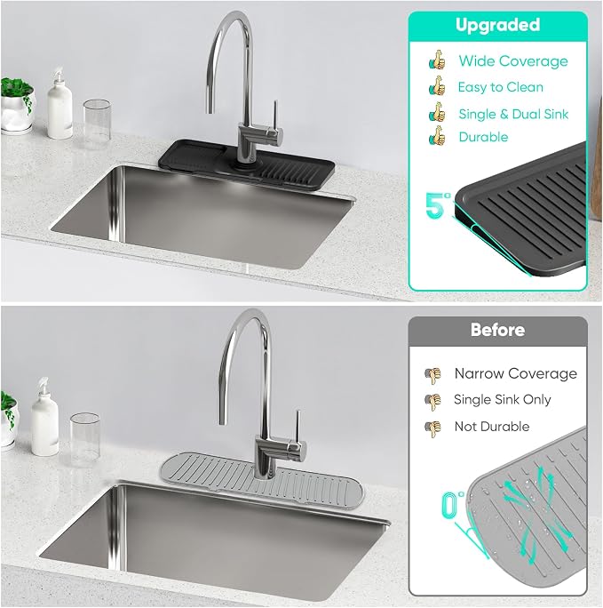 14.6'' Faucet Mat for Kitchen Sink [5°Slope Fast Self-draining] Kitchen Sink Splash Guard Silicone Kitchen Sink Faucet Mat Splash Guard for Kitchen Sink Area Tidy Splash Faucet Guard Draining Mat