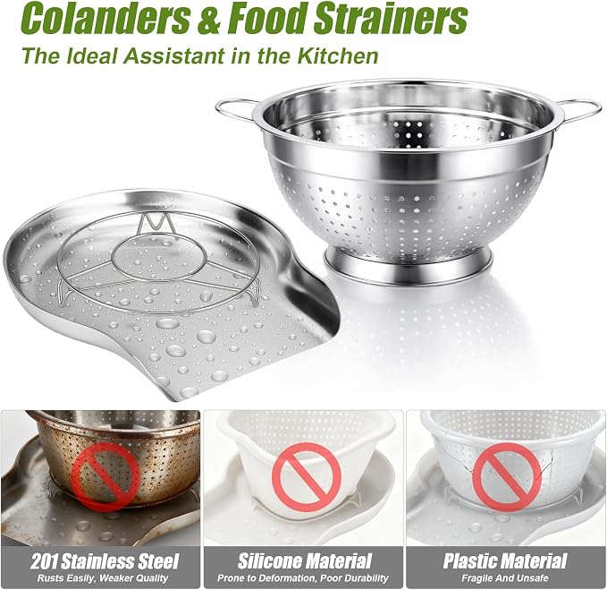 Palksky Stainless Steel Colander Set with Handles & Self-Draining Base, 3 Sizes (7”, 9”, 11”), Heavy Duty Pasta Strainer, Rice & Vegetable Strainer, Countertop Draining System