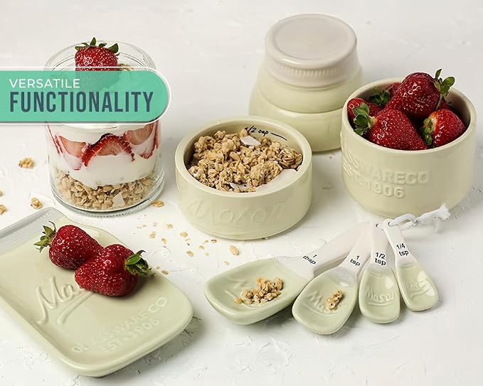 Comfify Green Mason Jar Measuring Set – 4 Cups, 4 Spoons, Spoon Rest | Green; ceramic; 9-piece set; 4 measuring cups + 4 measuring spoons + spoon rest; mason jar design; hand wash only