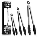 Kitchen Tongs Set of 3, 7/9/12 in, Stainless Steel (Black) | Cooking Tongs with Silicone Tips, Easy-Lock, Heat Resistant, Won't Scratch Pans, Dishwasher Safe, for Grilling, Salad & Pasta