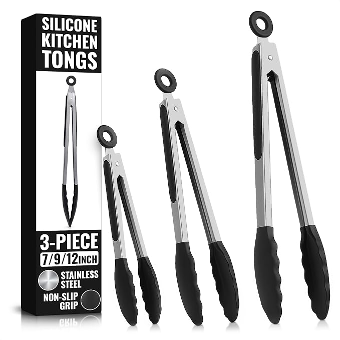 Kitchen Tongs Set of 3, 7/9/12 in, Stainless Steel (Black) | Cooking Tongs with Silicone Tips, Easy-Lock, Heat Resistant, Won't Scratch Pans, Dishwasher Safe, for Grilling, Salad & Pasta