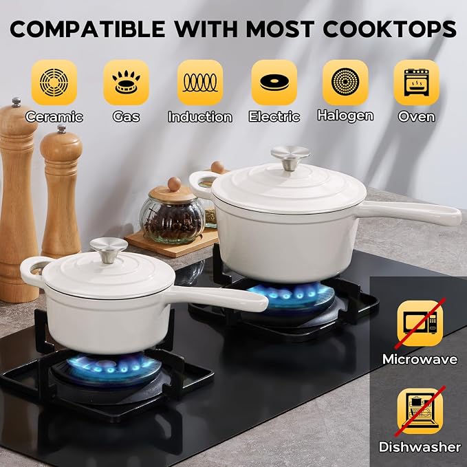 Onader 1QT & 2QT Saucepan Set with Lid, Enameled Cast Iron Small Pot Sets for Cooking, Nonstick Enameled Sauce Pan Dutch Oven, Induction Compatible, Heavy Duty – White