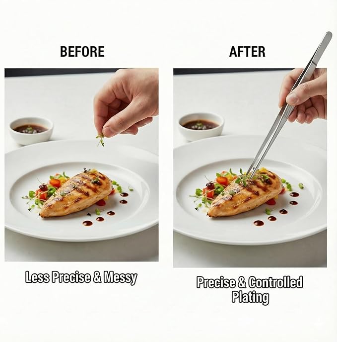 12-Inch Stainless Steel Kitchen Tweezers, Food Tongs for Cooking | Long Pasta and Plating Tweezer Tongs with Serrated Tips for Secure Grip; Professional Chef Tweezers for Cooking and Grilling