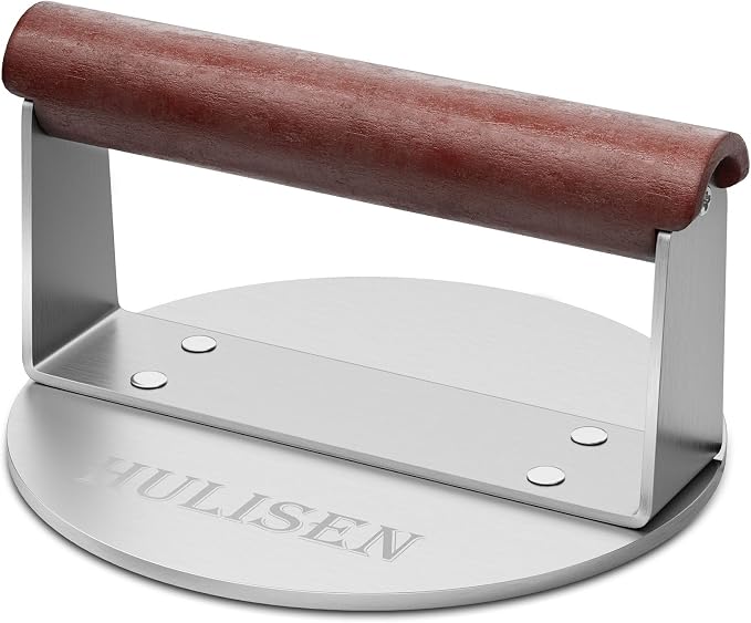HULISEN Burger Smasher, Stainless Steel Smashed Burger Press, 6 Inch Hamburger Press for Griddle, Heavy-Duty Grill Press with Wood Handle, BBQ Accessories Tool, Weights 1.24 lb, Gift Wrapping | Wood Handle, 2.5 mm Thick Round Base, Thin Patties with Cr...