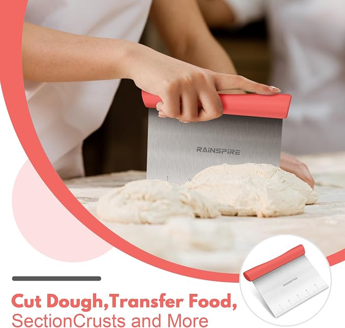 Upgraded 304 Stainless Steel Multi-Purpose Bench Scraper with Measurement Marks, Dishwasher Safe, Dough Cutter for Pizza, Bread and Cookie Dough Vegetable Chopper, Baking Supplies (Coral)