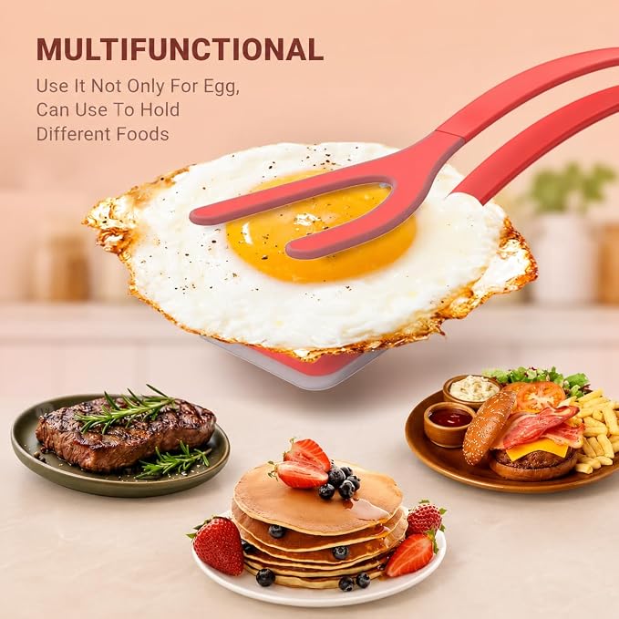 Silicone Egg Flipper Spatula Tongs (Set of 1) – Non-Stick 2-in-1 Grip & Flip Kitchen Tongs for Pancakes, Fish, Eggs, and More – Heat Resistant Cooking Tool (Red)