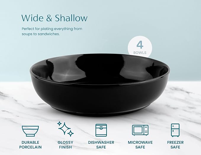 KooK Pasta Bowl, Salad Bowls, Soup, Serving Bowls, Ceramic, Large Capacity, Microwave & Dishwasher Safe, Set of 4, 40 Oz, (Charcoal)
