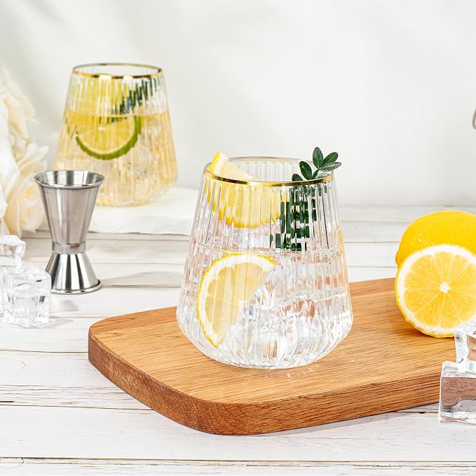 BESTSTAR 72 Pcs 12 oz Plastic Clear Gold Rim Ribbed Wine Glasses | Origami Ripple Disposable Champagne Glasses Elegant Whiskey Glasses Ideal for Weddings, Bars,Christmas, Pool Party, Daily Use