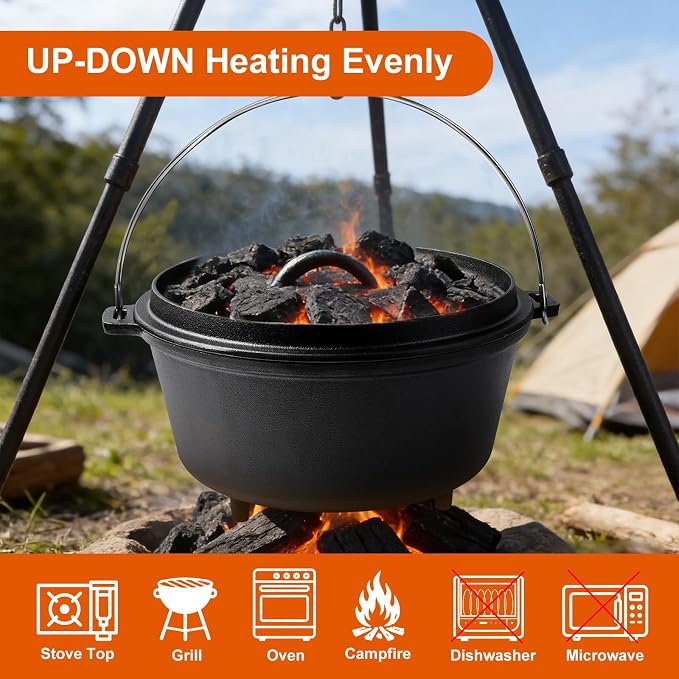 Pre-Seasoned 10QT Large Cast Iron Camping Dutch Oven Pot with Lid | Heavy- Duty Camping Cookware incl. Lid Lifter - Dual Handles - for Outdoor Campfire, Grill, Oven & Stovetop Cooking Black