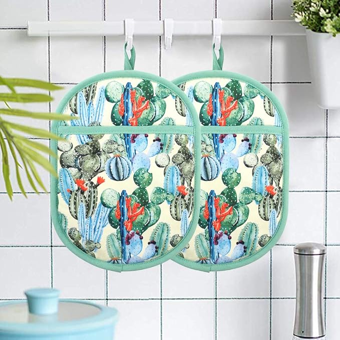 Pot Holders with Transparent Clear Silicone Shell and Nice Cactus Flower | Potholders Cotton Lining Set of 2, Heat Resistant to 500 F Kitchen Oven Gloves for Cooking (Cactus flower, Potholders)