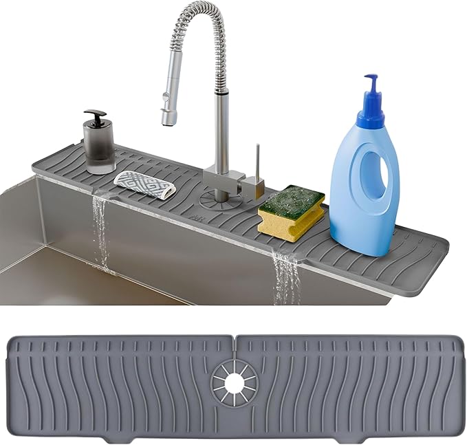 24 Inch Longer Faucet Mat for Kitchen Sink, Silicone Sink Faucet Mat Splash Guard 5° Slope Premium Kitchen Sink Splash Faucet Guard, Fast Self-Draining Mat (gray)