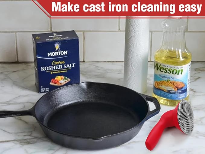 Cast Iron Cleaner Scrubber with Handle -Welded Chain Mail Cast Iron Cleaner | Large Round Cast Iron Brush,Dishwasher Safe, 316 Chainmail Sponge Scrub Cleaning Tool to Clean Skillet, Frying Pan, Wok, Oven