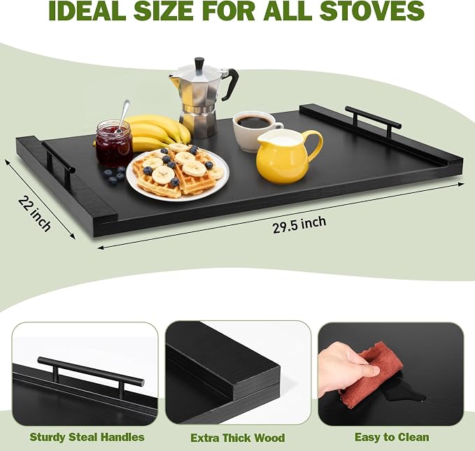 Noodle Board Stove Cover with Handles, Ultra Thick Wood Stove Top Cover Board for Electric/Gas Stove, Counter Space Top Covers Used As Sink Covers & Decorative Tray for Kitchen (Black)