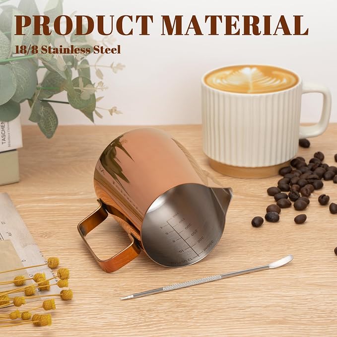 Amrules Milk Frothing Pitcher 12oz Frother Cup Barista Tools, Rose Gold | 18/8 Stainless Steel, 12oz Capacity with Clear Scale, with Decorating Pen, Ergonomic Handle, for Cappuccino, Latte & Espresso