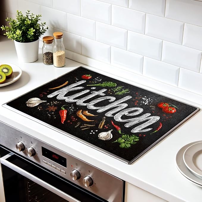 Chalkboard Kitchen Word Art Stove Top Cover 28.35x20.47in Farmhouse | Chalkboard kitchen word art stove top cover 28.35x20.47 in; herb spice farmhouse cooktop mat dishwasher safe machine washable