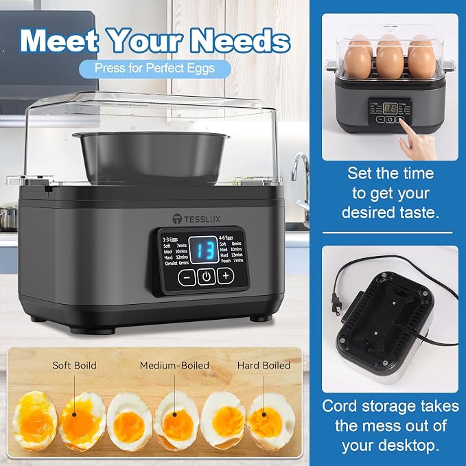 Tesslux Electric Egg Cooker, 6-Egg Boiler for Hard, Soft, Poached, Black | LED Countdown Timer, Touch Control, Poaching Bowl, Omelet Maker, Stainless Steel, Auto Shut-Off, Buzzer Alert, Compact