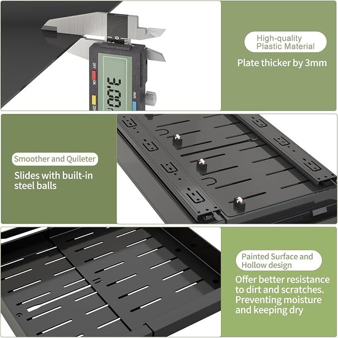 DOMNIU Pull Out Cabinet Organizers Expandable,Black,16.9" Depth,2 Pack | Slide Out Drawers for Kitchen, Bathroom, Pantry, Under Sink Storage, Fixed with Adhesive Nano Film (11.6''-17.5'')