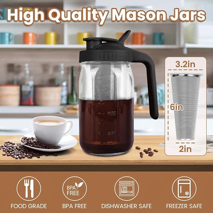 Cold Brew Coffee Maker, 32 oz Mason Jar Pitcher with Stainless Steel Filter, Pour Spout Handle Lid, Heavy Duty Glass Airtight & Leak-Proof for Iced Coffee,Tea & Lemonade