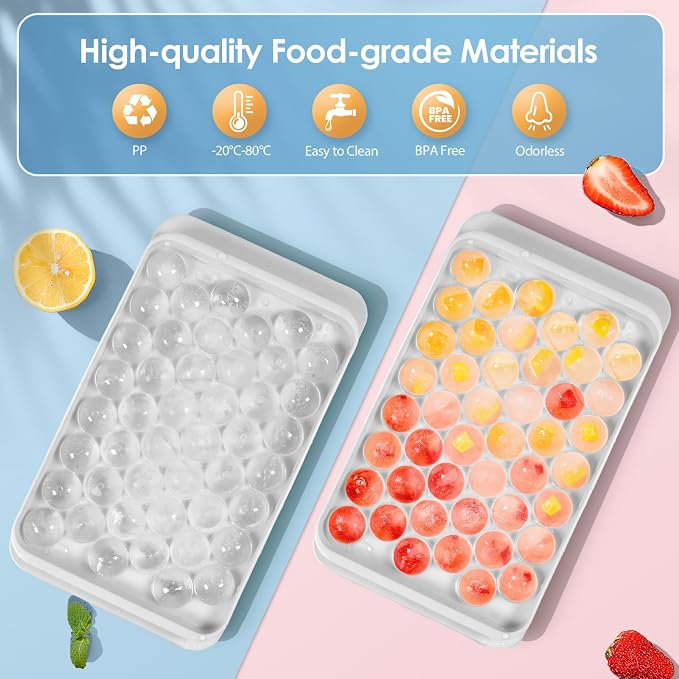 Ice Cube Tray with Lid and Bin, 0.8" Round Ice Trays for Freezer | 2 White Ice Cube Trays with Ice Box & Tong, 0.8" Round Ice Balls for Iced Coffee & Juice, Easy Twist Release, For Gatherings