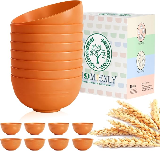 Wheat Straw Bowls Set, Unbreakable & Lightweight Microwave Safe Bowls for Soup, Cereal, Salad, 8-Piece Vibrant Soup Bowls for Kitchen, Family, Party, Picnic, Dishwasher Safe, 26 OZ(Orange)