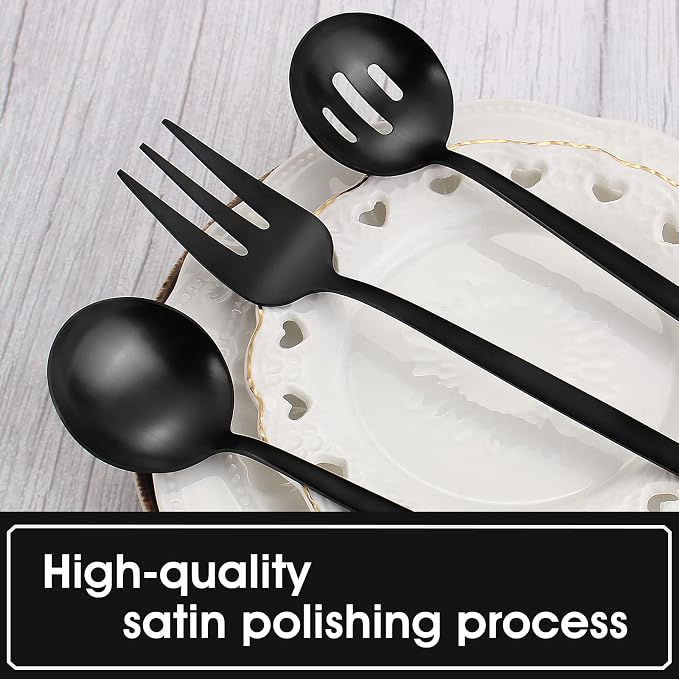 VANVRO Matte Black Serving Silverware Set, 5-Piece Round Shared Utensils Set of Stainless Steel, Hostess Flatware Serving Set, Satin Finish, Dishwasher Safe