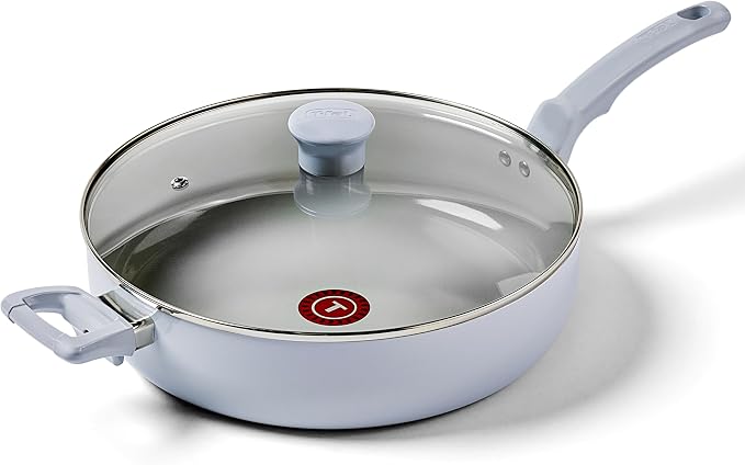 T-fal Refresh Ceramic Nonstick Saute Pan with Lid, 5 Qt Skillet, Blue | Recycled aluminum body, Thermo-Spot heat indicator, Oven safe to 350°F, All stovetops except induction, Vented glass lid