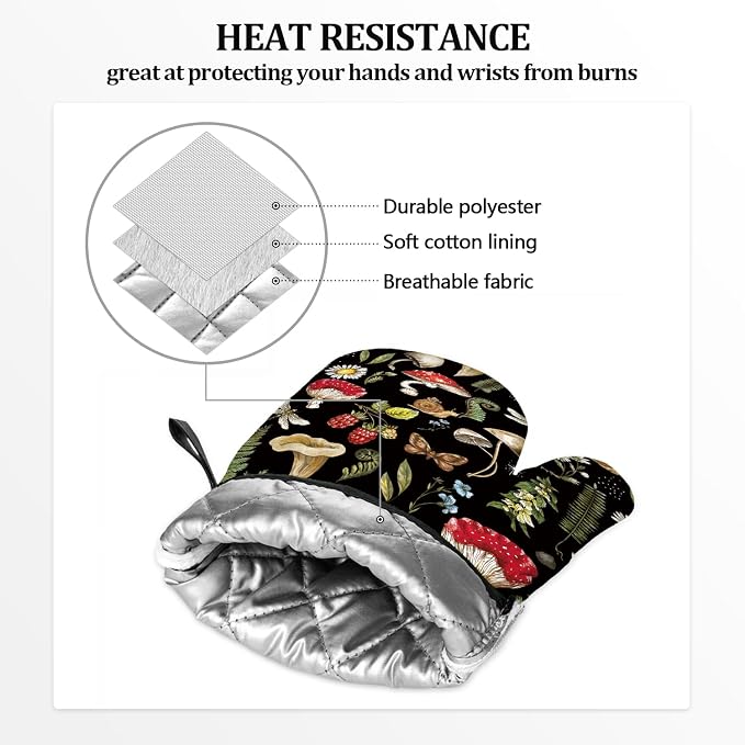 Mushroom Oven Mitts and Pot Holders Sets of 4 Heat Resistant Silicone Oven Mitts Gloves Non-Slip Kitchen Mittens Potholders for Cooking Baking Grilling BBQ