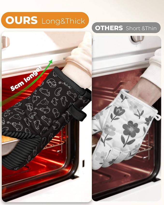 100% Thick Cotton Oven Mitts Ribbed Soft Silicone Cute Cats | Aesthetic Oven Mitts for Women, Machine Washable Non-Slip Kitchen Mitts, Reversible for Both Hands, Stylish Kitchen Decor