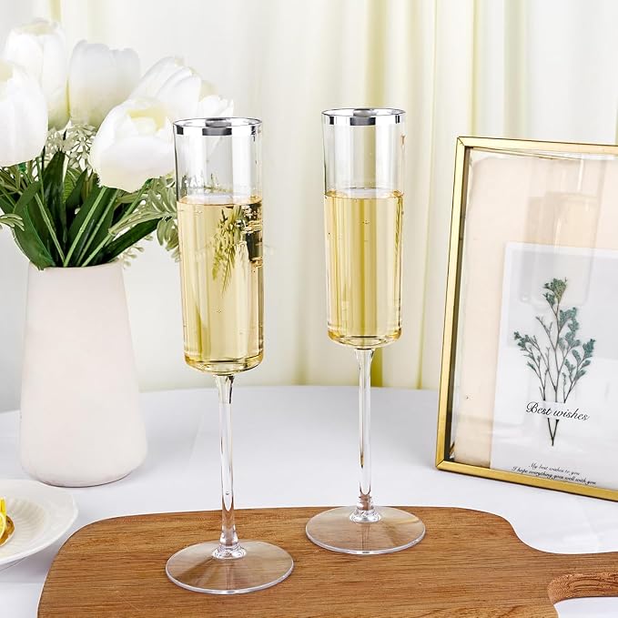Ciaell 24 Pack Silver Plastic Champagne Flutes for Weddings Birthdays | 6 oz Silver Rim Square Toasting Cups, Heavy Duty Plastic, Champagne Wine Mimosas for Anniversaries Parties Bars