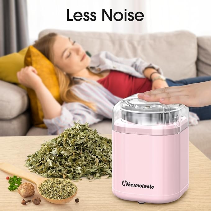 Hermolante Herb and Spice Grinder, 200W Electric With Stainless Steel Blade, Cleaning Brush - Compact Size 5.11in (Pink)