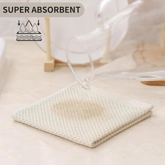 Kitinjoy 100% Cotton Waffle 12-Pack Kitchen Towels, 12" x 12", Beige | Ultra Absorbent, Super Soft, lightweight, Quick Drying Dish Rags for Washing Dishes