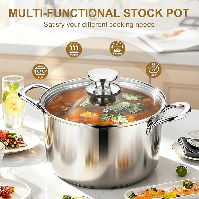 P&P CHEF 8 Quart Tri-Ply Stainless Steel Stock Pot, Cooking Pot with Lid | 8 Qt Stockpot for Soup Pasta Vegetable, Induction Cookware for All Stoves, Sturdy & Double Handle, Oven & Dishwasher Safe