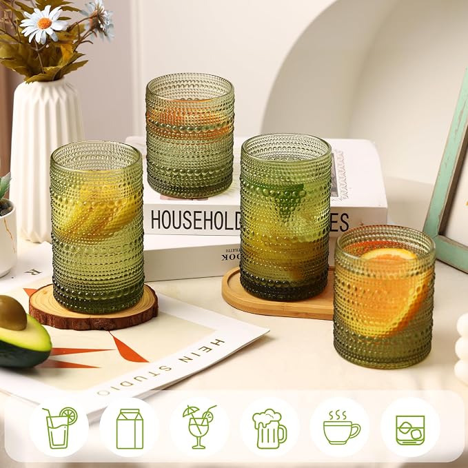 Moretoes Green Hobnail Drinking Glasses Set of 6,Glass Cups | 12 Oz Highball Glasses & 10 Oz Cocktail Glasses, Kitchen Bar Tumbler Glassware Set for Whiskey, Beer, Juice, Milk
