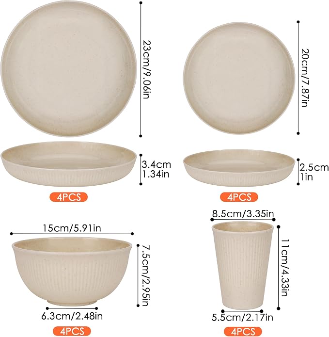 16pcs Wheat Straw Dinnerware Set for 4 People Camping Plates and Bowls Set | Unbreakable Dish Set Reusable Picnic Set, 23cm Plates,20cm Plates, 350ml Cups, 15cm Bowls, Microwave and Dishwasher Safe