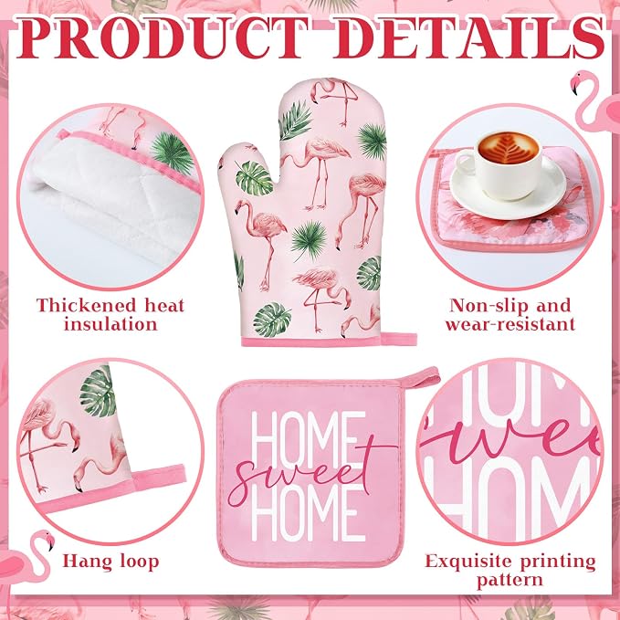 Fourluoo 10 Pcs Flamingo Kitchen Dish Towels Rugs Oven Mitts and Pot Holders Set Farmhouse Kitchen Decor Set for Women Mom Daughter Gift Cooking Baking Grilling(Cute Pink)